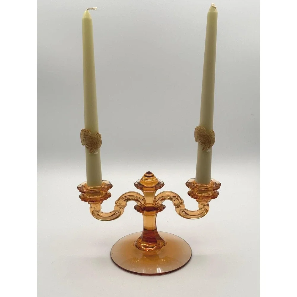 Vintage Amber Glass Double Candelabra MCM Pressed Two Arm Candle Holder